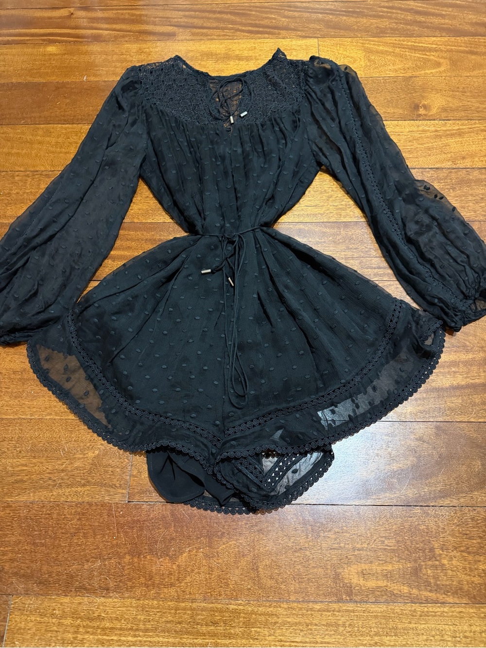 Zimmermann Black Long-Sleeve Swiss Dot Lace-Trim Romper